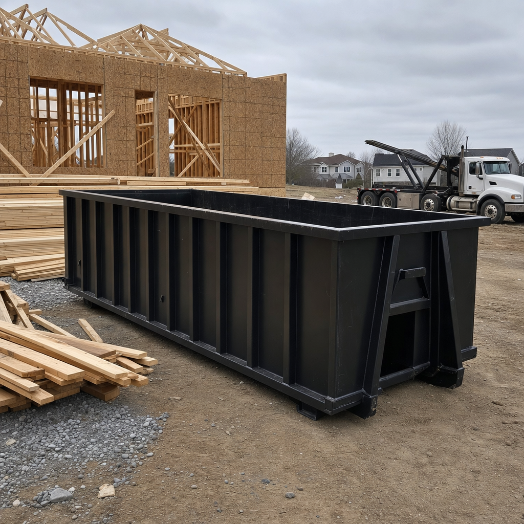 Matte-black 40-yard roll-off dumpster staged on a framed-out residential construction site in Yuma, framing lumber stacked nearby, hooklift delivery truck visible in the background under bright Colorado daylight