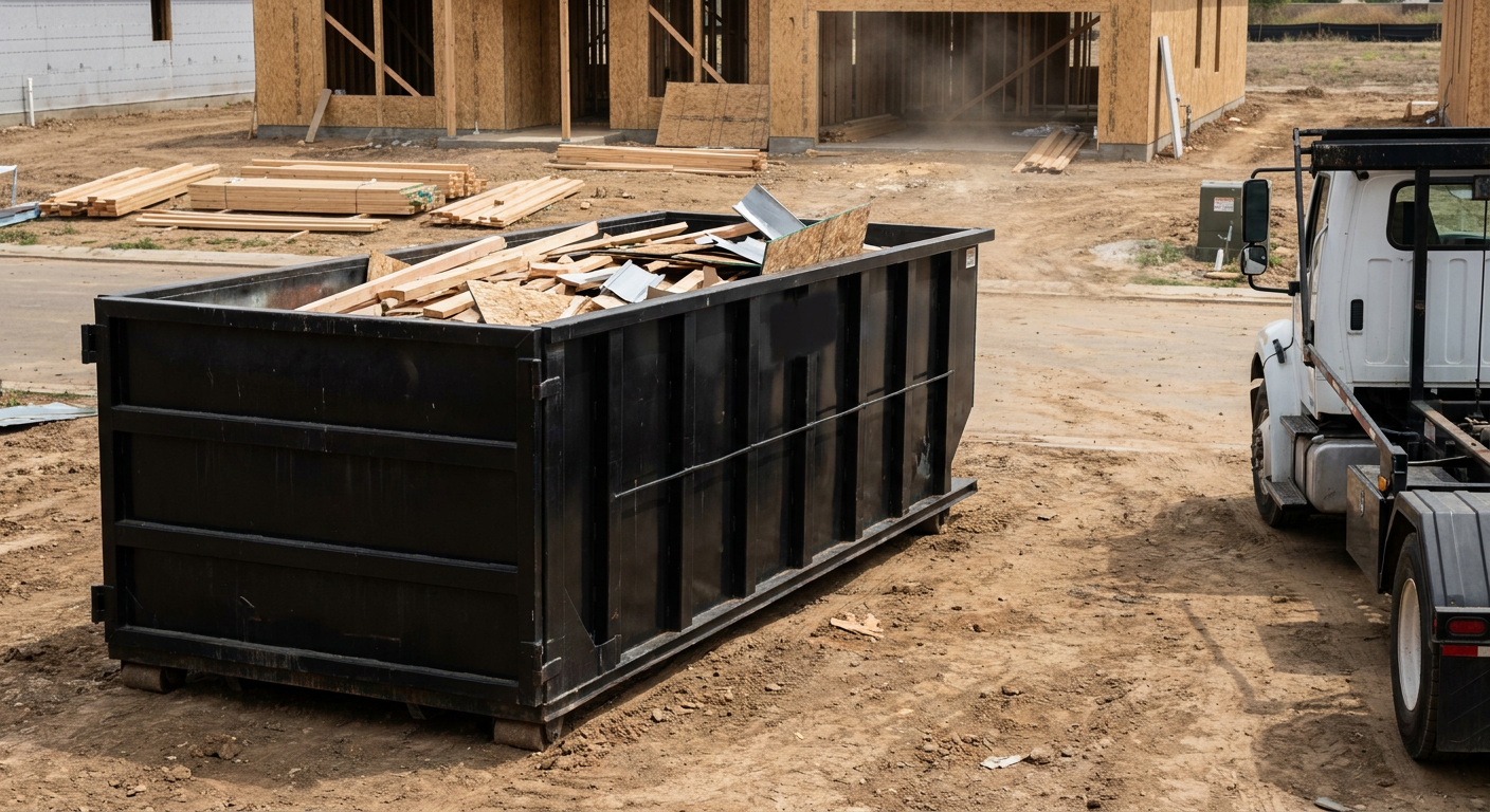 Matte-black 20-yard roll-off construction dumpster with heavy ribbed steel sidewalls and swing rear doors at a working jobsite in Yuma, sitting directly on compacted dirt with an unmarked white hauler partially visible at the far edge of the frame.