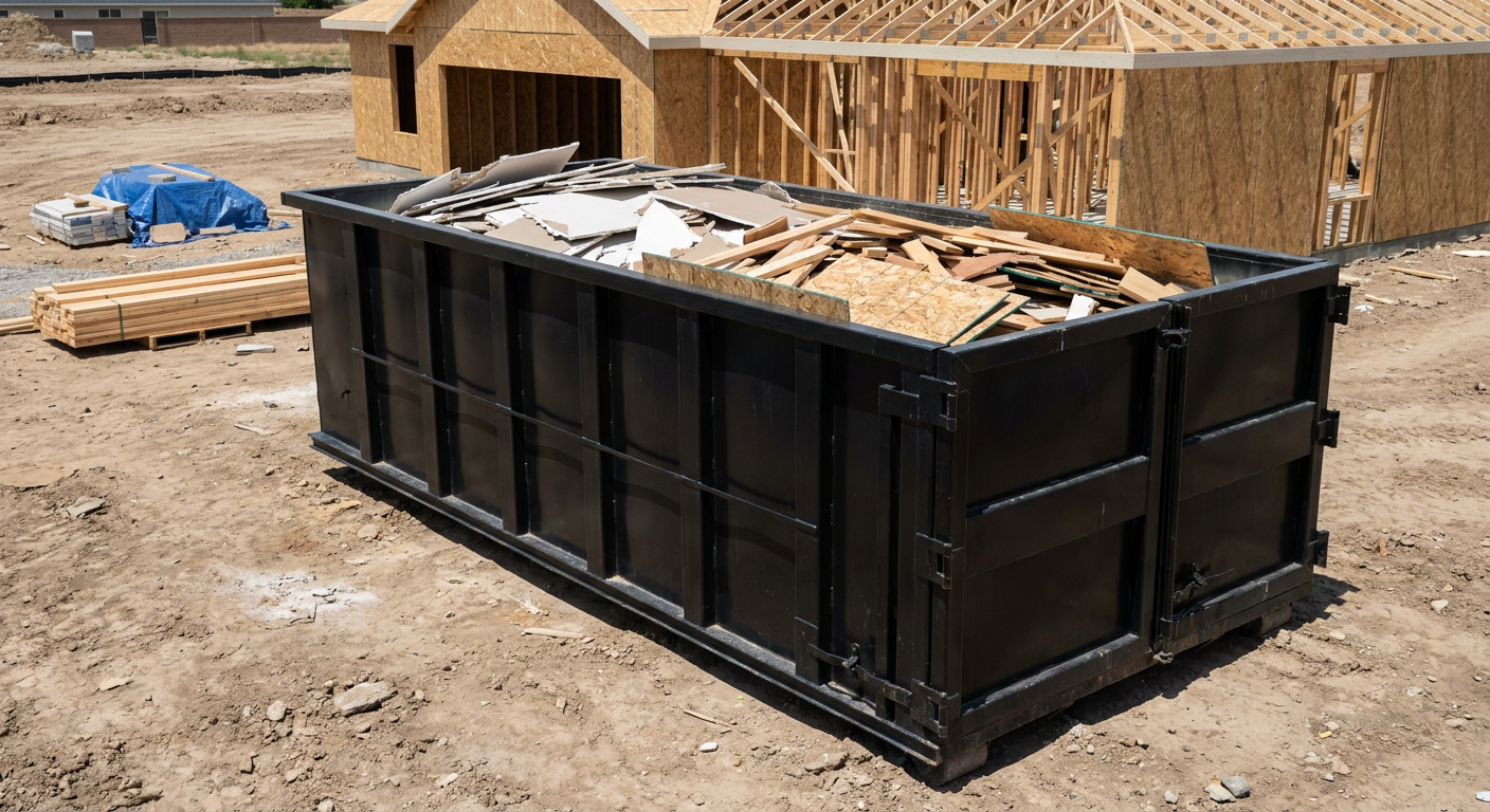 Matte-black 30-yard roll-off construction dumpster sitting directly on the compacted-dirt site of a framed single-family home build in Yuma, drywall and lumber scrap loaded inside.