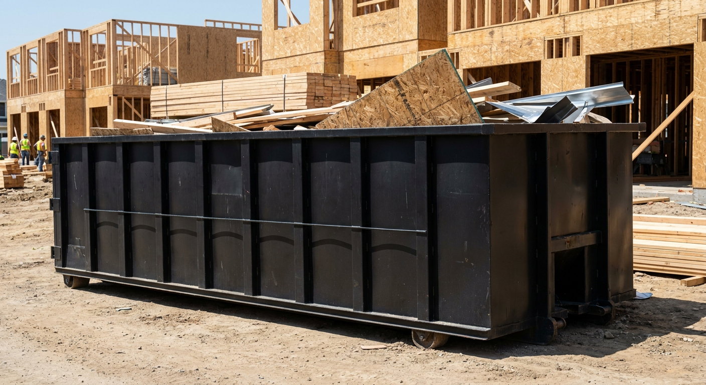 Matte-black 40-yard roll-off construction dumpster being lowered from a white-cab hooklift delivery truck onto the compacted-dirt jobsite at a commercial build site in Yuma