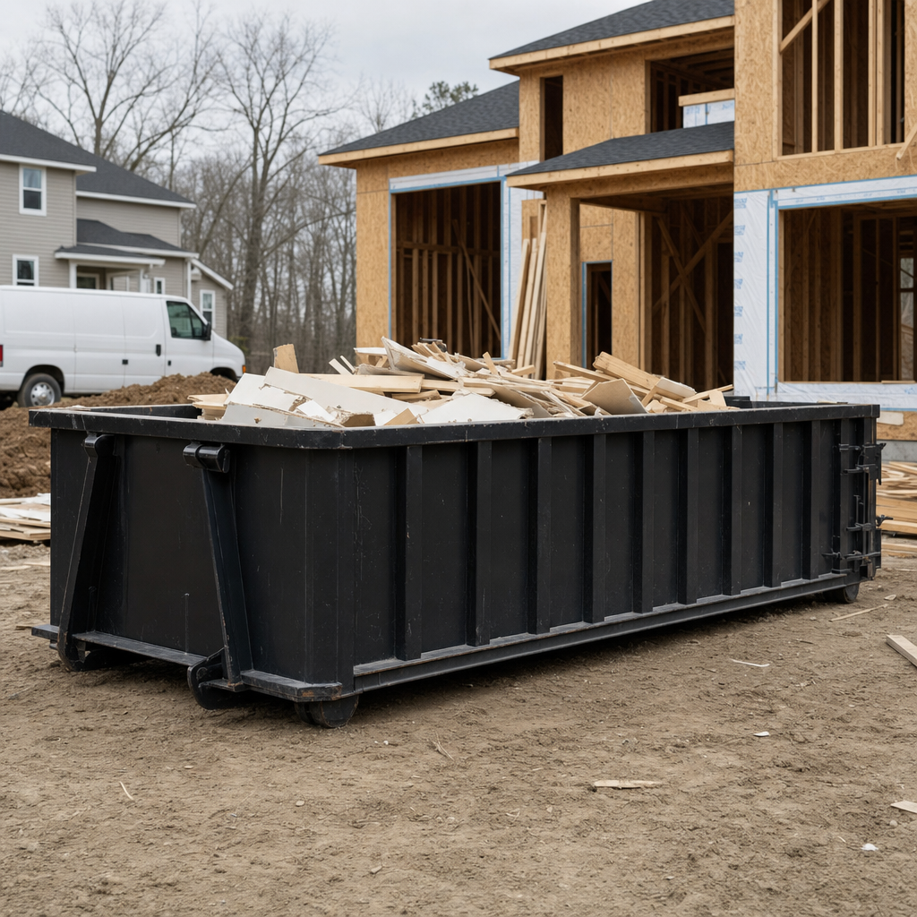 Worker in a yellow high-visibility vest tossing framing lumber and broken drywall into a matte-black 30-yard construction roll-off dumpster on an active build site in Yuma, bright daylight