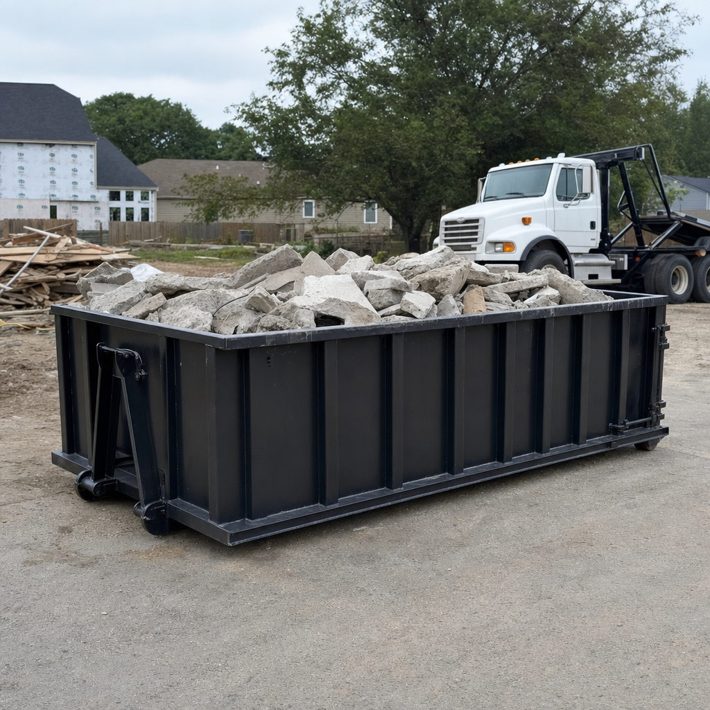 Low-profile matte-black lowboy roll-off dumpster loaded with broken concrete slab and rebar at a foundation tear-out in Yuma, skid steer parked beside it, sunny Colorado morning