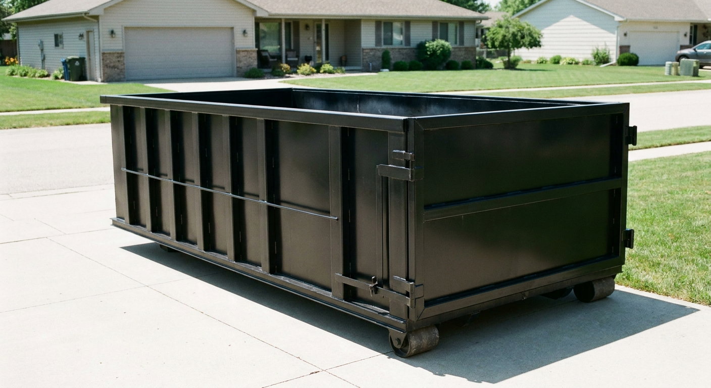 Matte-black 10-yard roll-off dumpster on a residential concrete driveway in Yuma, uniformly painted matte black across every panel and rail, ribbed steel sidewalls and rear swing door visible, mid-day daylight.