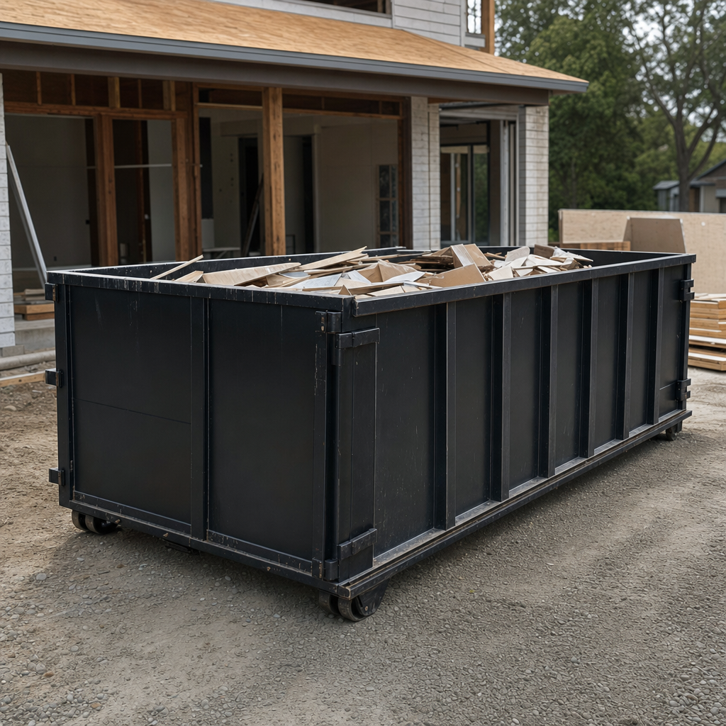 Large matte-black 30-yard construction roll-off dumpster at an active Yuma jobsite, steel-gray top rails and bottom rollers visible, loaded with construction debris.