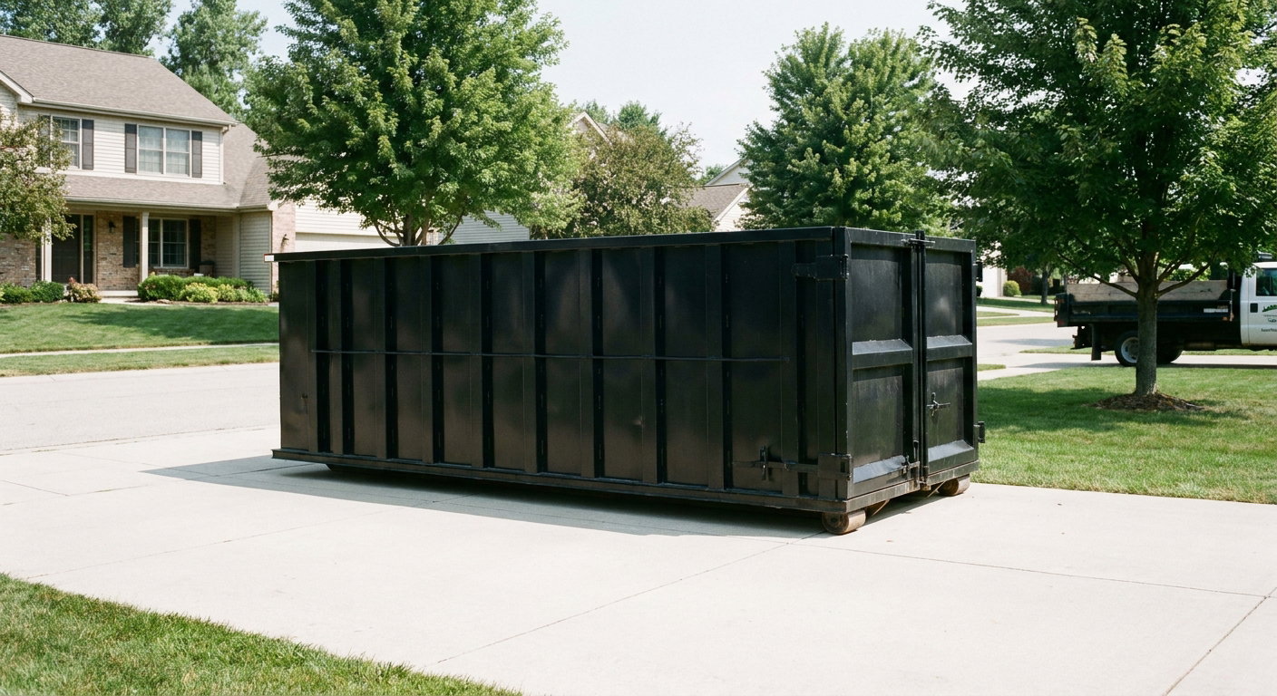 Matte-black 20-yard roll-off dumpster sitting level on a clean Yuma residential concrete driveway under bright daylight, demonstrating clean placement directly on the concrete.