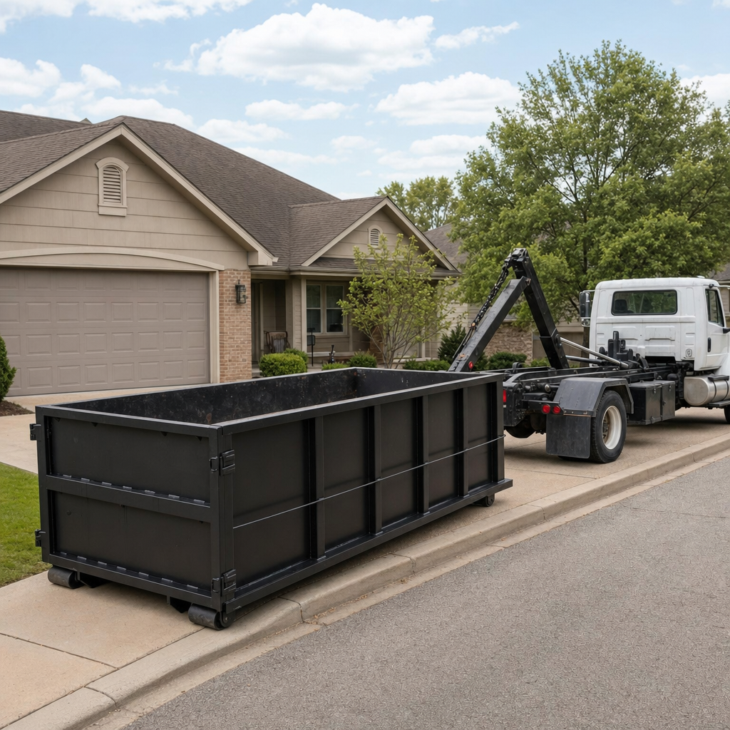 Wide documentary shot of a matte-black roll-off dumpster on a Yuma residential driveway in the foreground and a contractor jobsite container in the soft-focus background, bright daylight, calm and orderly composition.