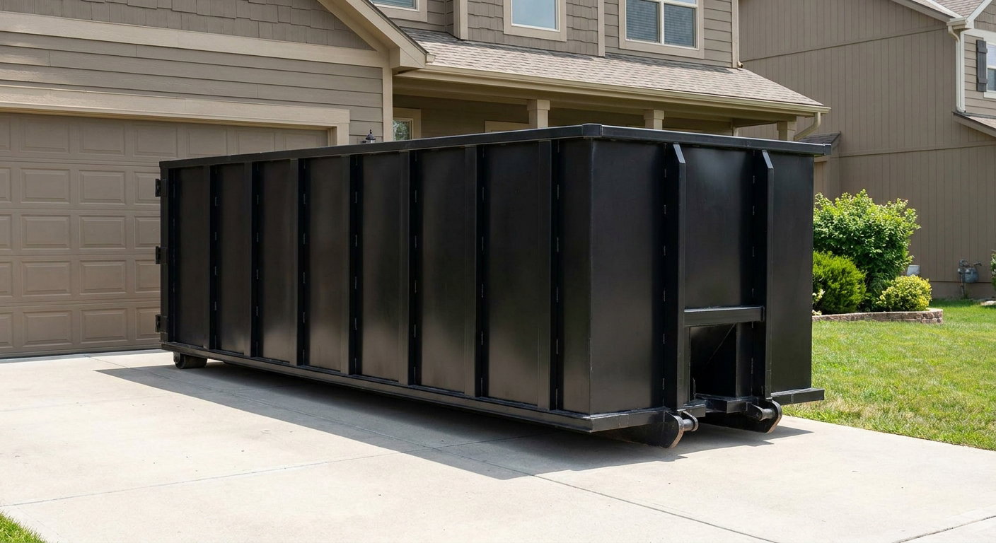Matte-black residential roll-off dumpster sitting directly on a suburban Yuma concrete driveway, garage door closed, single-family home in background, bright morning daylight.