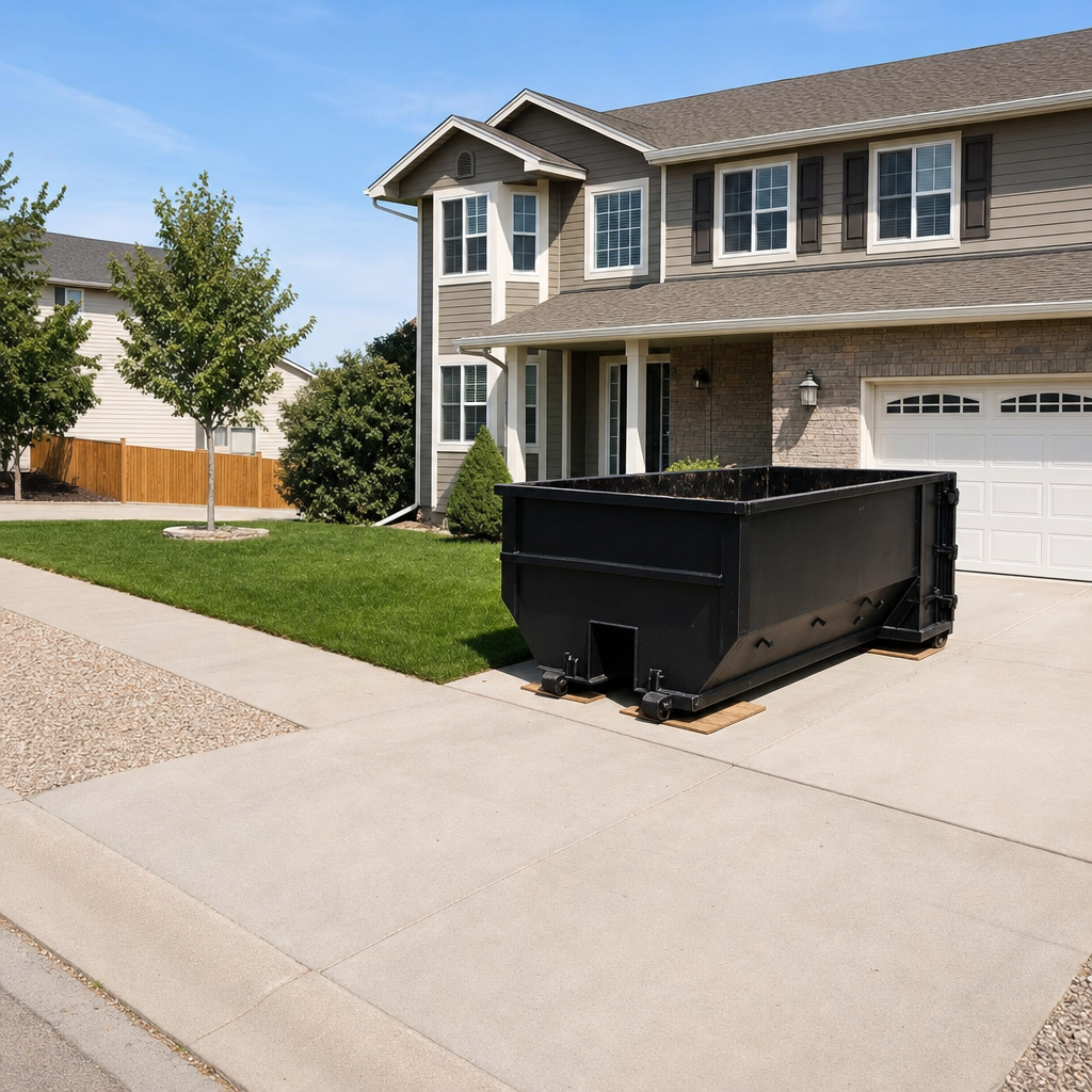 10-yard matte-black residential dumpster placed directly on a narrow Yuma concrete driveway, room remains for a parked sedan beside it, mid-morning natural light