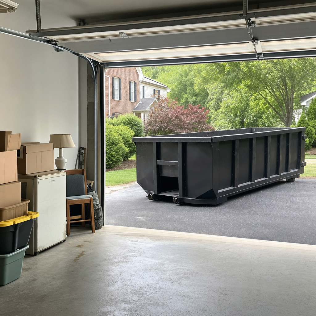 Open garage interior in a Yuma home mid-cleanout — boxed items, an old appliance, and stacked yard tools queued near the driveway for a matte-black roll-off dumpster, organized and calm