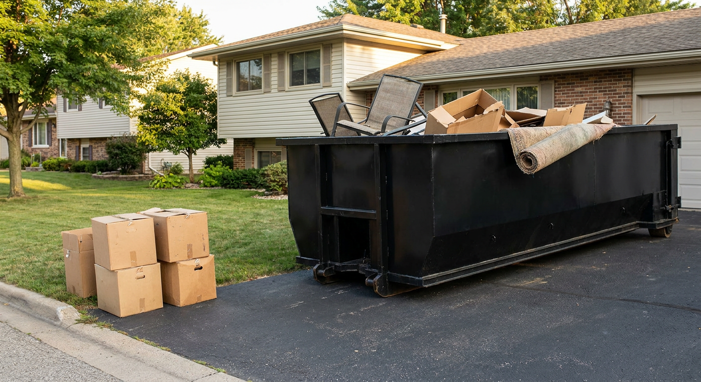 Front-yard view of a Yuma split-level home with a 20-yard matte-black roll-off dumpster sitting directly on the asphalt driveway, a few clearly labeled donation boxes staged at the curb, calm sunny afternoon.