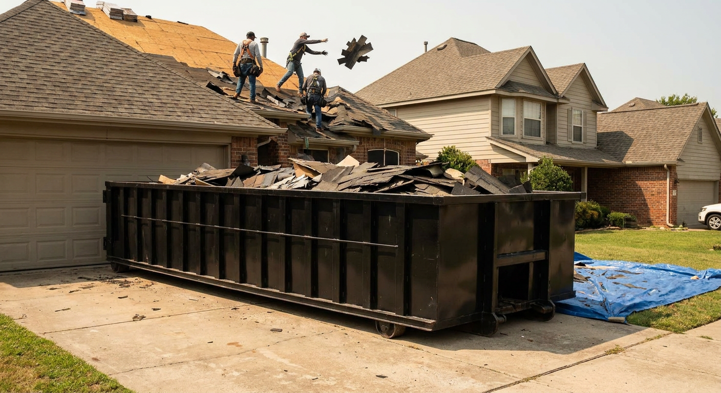 Matte-black roofing roll-off dumpster placed directly on a Yuma residential concrete driveway, a tear-off crew on a two-story asphalt-shingle roof tossing shingle bundles into the low-walled container, bright daylight, documentary 35mm perspective.