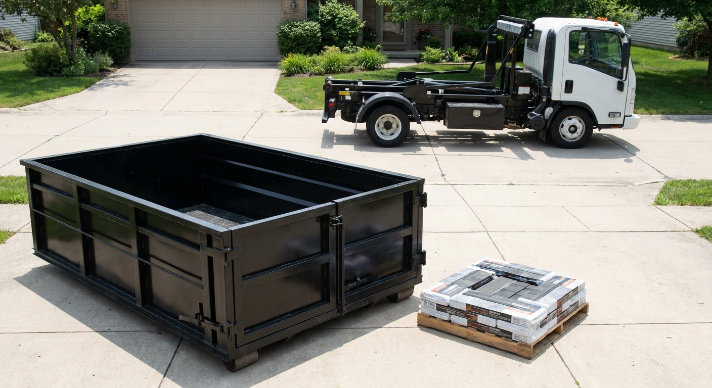 Matte-black 15-yard roofing roll-off dumpster with reinforced low side walls sitting directly on a Yuma residential concrete driveway, three-tab asphalt shingle bundles stacked nearby, an unmarked white hauler truck partially visible at the edge of the frame.