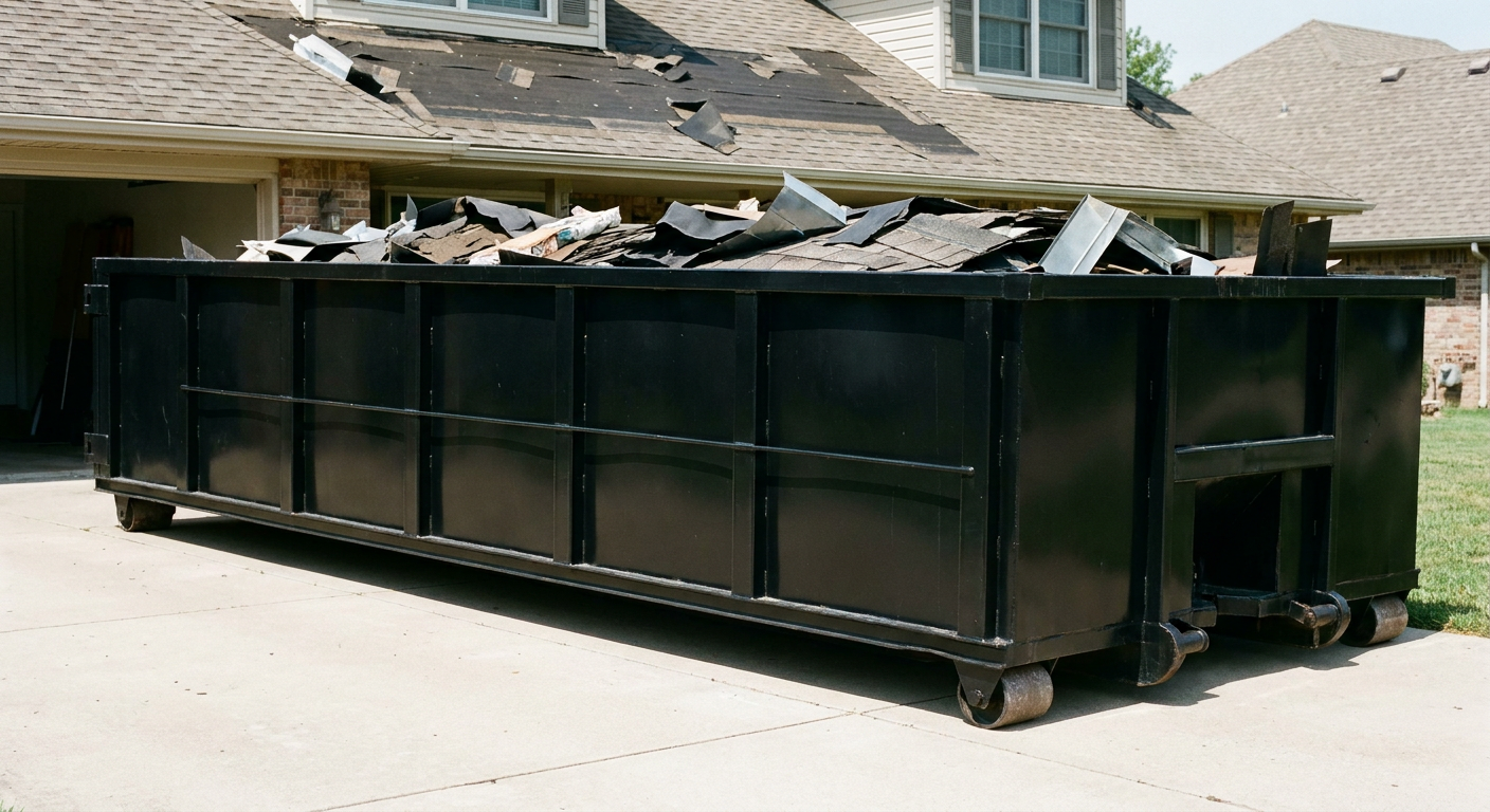 Matte-black 20-yard roofing roll-off dumpster with steel ribbed sides and swinging rear door, sitting directly on the concrete driveway of a two-story Yuma home, asphalt shingle debris being loaded over the low wall, clean documentary lighting.