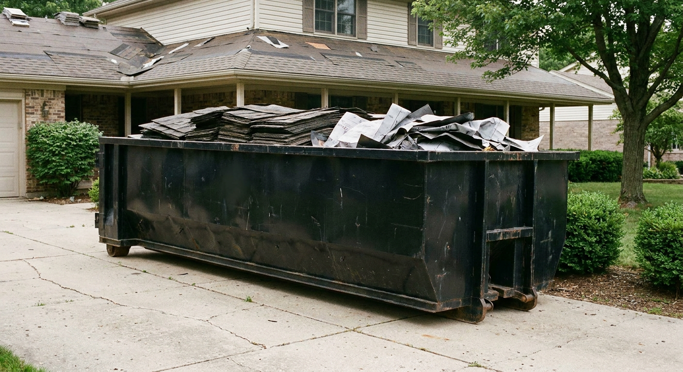 Matte-black 30-yard roofing roll-off dumpster sitting directly on a Yuma concrete driveway, taller ribbed steel side panels, mixed tear-off debris of asphalt shingles and underlayment inside, professional documentary daylight.