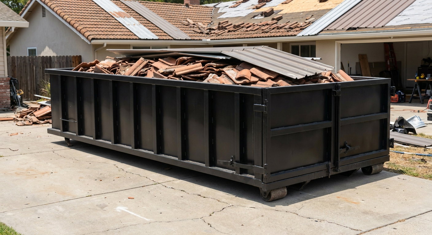 Matte-black low-wall heavy-debris roofing roll-off dumpster sitting directly on a Yuma concrete driveway, broken concrete clay roof tiles and metal panel sections loaded inside, reinforced ribbed steel side walls visible, bright outdoor daylight.