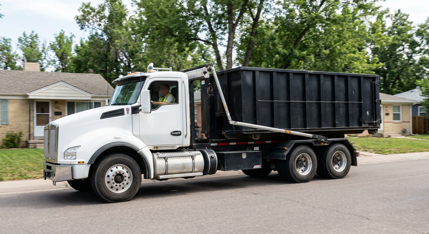 A wide documentary shot of a matte-black roll-off delivery truck pulling onto a quiet Yuma residential street at mid-morning, with neighborhood rooftops and tree-lined blocks visible behind, showing the metro coverage footprint.