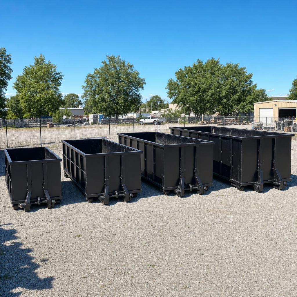 A clean lineup of matte-black roll-off dumpsters in 10, 20, 30, and 40-yard sizes staged on a sunlit gravel yard in Yuma, showing the size progression from compact to commercial-scale containers.