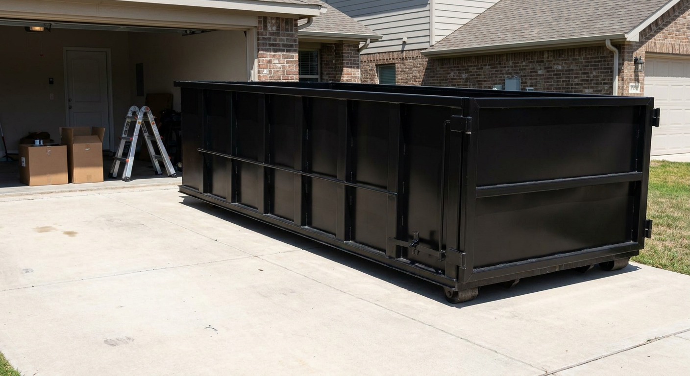 A matte-black 10-yard roll-off dumpster sitting directly on a residential Yuma concrete driveway, mid-day sunlight, clean and ready for a garage cleanout.