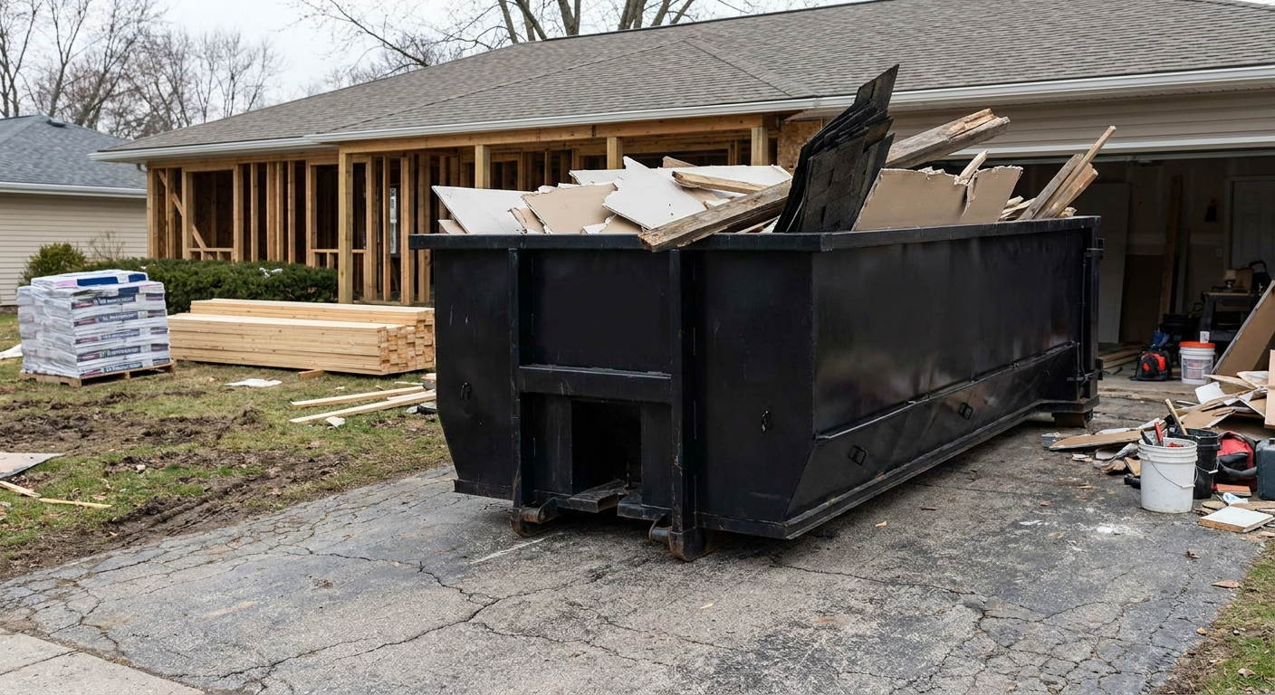 A matte-black 20-yard roll-off dumpster placed alongside a mid-renovation Yuma home directly on the asphalt driveway, with framing materials and torn-off shingles staged neatly nearby.