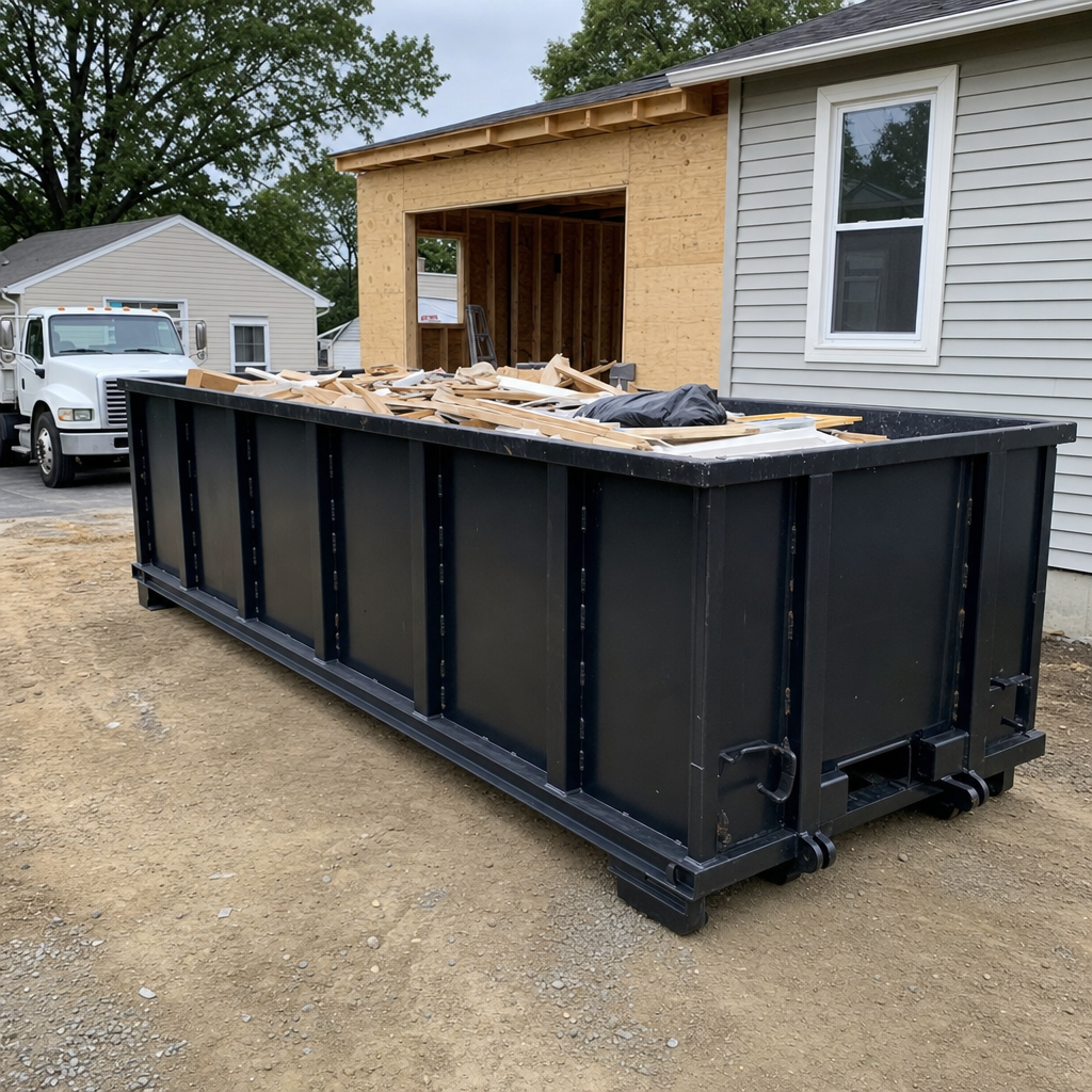 A matte-black 30-yard roll-off dumpster positioned at a Yuma residential addition jobsite, with framing lumber and drywall scraps loaded through the open swinging rear doors.