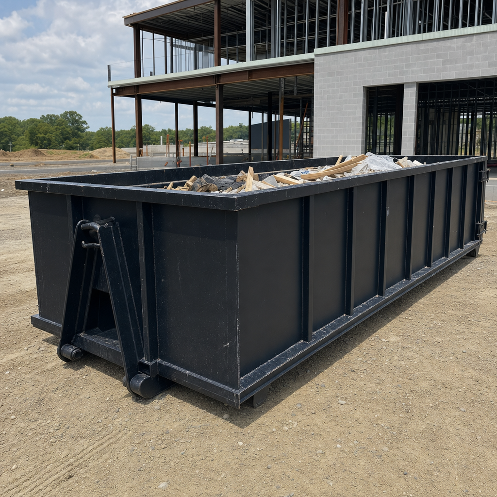 A matte-black 40-yard roll-off dumpster staged on a large Yuma commercial construction lot, with a hooklift delivery truck parked alongside under bright midday sky.