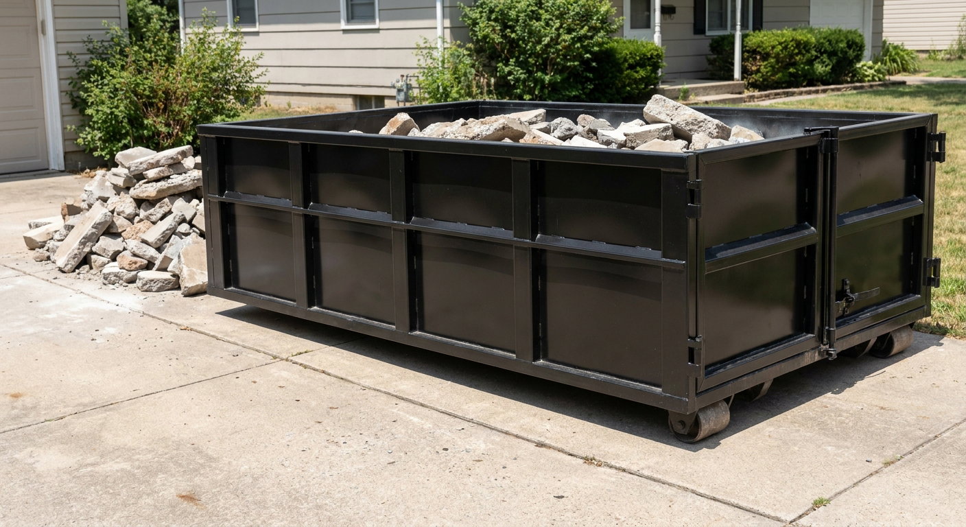 A matte-black low-side heavy-debris roll-off dumpster placed directly on a Yuma concrete driveway, with broken concrete chunks neatly stacked beside it under clean daylight.